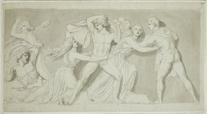 Amphion e Zethus libertando a sua mãe Antiope da fúria de Dirce e Lycus de John Flaxman