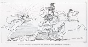 Apolo, deus do Sol, para preservar o corpo de Hector, cobre-o inteiramente com a sua ágide dourada. Cantando XXIV. Desenho de John Flaxman (1755 - 1826). A Ilíada de Homero. de John Flaxman