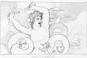 Episódio de Charybde e Scylla: seis dos companheiros de Ulisses são devorados. Desenho de John Flaxman (1755 - 1826). A Odisséia de Homero. Canção XII.