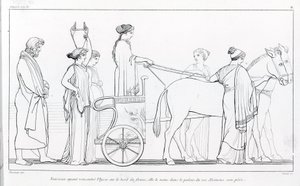 Nausicaa, que acabou de conhecer Ulisses, leva-o de volta ao palácio do seu pai, o rei Alkinoos. Desenho de John Flaxman (1755 - 1826). A Odisséia de Homero. Canção VI.