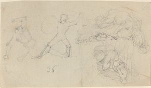 Folha de esboços, incluindo dois guerreiros lutando de John Flaxman
