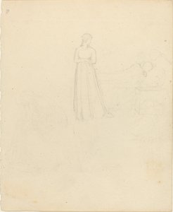 Figura feminina em pé olhando para figuras reclinadas e sentadas de John Flaxman