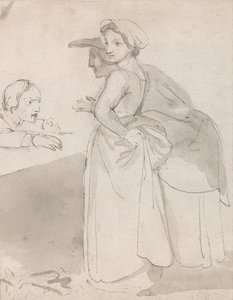 Duas mulheres a falar com um homem num balcão de John Flaxman