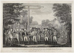 Os britânicos entregando suas armas ao Gen: Washington após a derrota em York Town, na Virgínia, em outubro de 1781. de John Francis (after) Renault