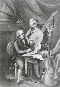 Retrato de Franz Joseph Haydn (1732-1809) e Wolfgang Amadeus Mozart (1756-91) compondo música para o alaúde, gravada por Michele Benedetti (1745-1810)
