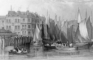Billingsgate, ilustração em "História de Londres: Ilustrado por vistas de Londres e Westminster" por John Woods, gravado por John Woods, publicado em 1838