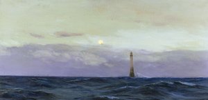 Farol de Wolf Rock, uma ilha rochosa ao largo da costa da Cornualha (Inglaterra). Óleo sobre tela de John Fraser ()