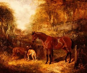 Um pónei de louro selado e galgos de caça numa paisagem de rio