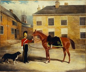 Um oficial da Guarda de Dragoon, Caribineers com seu Monte no Pátio do Quartel, 1839 de John Frederick Herring Senior