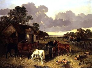 Cavalos, Suínos, Aves, Patos e Gados em um pátio de fazenda de John Frederick Herring Senior