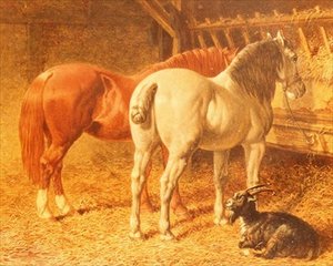 Cavalos e um bode num estábulo de John Frederick Herring Senior