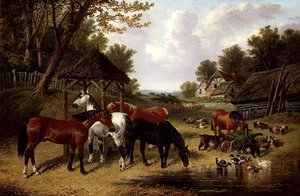Cavalos junto a uma lagoa do pátio da fazenda (óleo sobre tela) de John Frederick Herring Senior