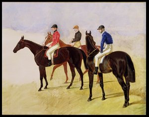 Estudo de três trincas com obstáculos: Allen McDonough em Brunette, Tom Oliver em Discount e Jem Mason em Lottery, ou três cavalos de corrida com Jockeys Up