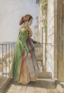 A Greek Girl Standing on a Balcony, c.1840 (aquarela e guache sobre grafite no papel) de John Frederick Lewis