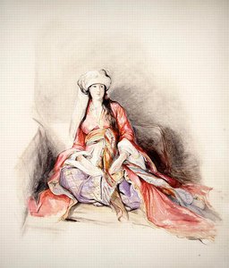 Uma Dama Levantina em Vestido Turco, Constantinopla (aguarela sobre lápis de cor corporal) de John Frederick Lewis