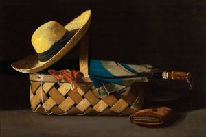 "Market Basket, Hat and Umbrella" Natureza Morta - Pintura de John Frederick Peto (1854-1907) cerca de 1890 Colecção Privada de John Frederick Peto