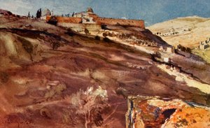 Jerusalém. - Muralha sul da área do templo, do vale de Hinnom, ao pôr do sol, 1902. de John Fulleylove