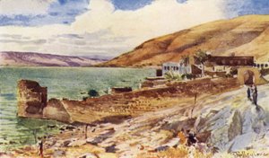 O lago da Galileia, olhando para o sul de Tiberíades (cor litho) de John Fulleylove