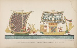 Barcos com velas coloridas, da Tumba de Remeses III em Tebas, ilustração de "Manners and Customs of the Ancient Egyptians ...", 1837-41 de John Gardner Wilkinson