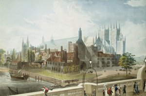 Westminster Hall e Abbey, gravado por Daniel Havell (1785-1826), publicado por Rudolph Ackermann (1764-1834) 1819 (aquatinta colorida)