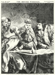 Colombo explicando a sua Descoberta da América ao Rei Fernando e à Rainha Isabel (gravura) de John Gilbert