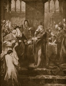 Rei Ricardo II renunciando a coroa a seu primo Bolingbroke, ilustração da "História da Nação Britânica" de Hutchinson, c.1920 de John Gilbert