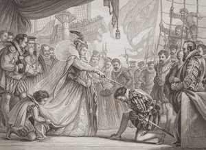 Rainha Elizabeth I (1530-1603), cavaleiro Francis Drake (1540-96), de "Ilustrações da História Escocesa e Inglesa", Volume I