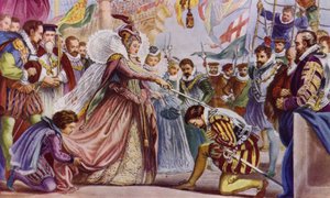 Rainha Elizabeth I cavaleiro Sir Francis Drake em seu navio, o Golden Hind, Deptford, 1581