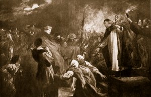A chegada do Cardeal Wolsey na Abadia de Leicester, em 1530, ilustração da "História da Nação Britânica" de Hutchinson, c.1920 de John Gilbert