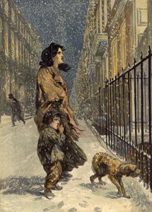 Os sem-teto pobre, mãe e filho com cachorro na neve (cromolitro) de John Gilbert