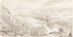 Um vale de montanha com uma cachoeira de John Glover