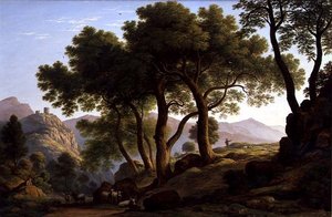 Uma paisagem arborizada romântica (óleo sobre tela) de John Glover