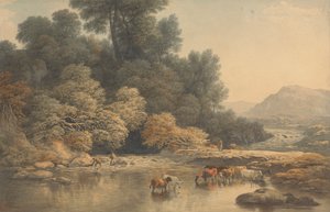 Paisagem montanhosa com rio e gado de John Glover