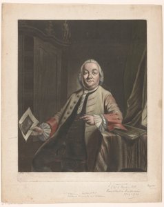 Retrato de Simon Fokke com na mão a impressão do saque da casa de Gerrit Hagedooren, 1751
