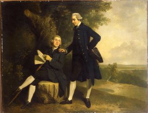 Retrato duplo de Thomas Somers Cocks e Richard Cocks de Castleditch, ambos pequenos de corpo inteiro, o antigo de casaco azul e colete segurando um tricolor preto, o último sentado em um casaco azul e colete segurando um manuscrito, em uma paisagem, de John Hamilton Mortimer