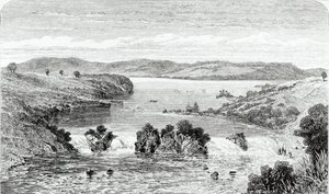 As quedas de Ripon - o Nilo que flui de Victoria N&39;yanza, de "Jornal da Descoberta da Fonte do Nilo" por Speke, publicou 1863 de John Hanning Speke