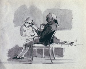 Um pai lendo para seus filhos (caneta e tinta no papel) de John Harden