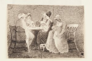 Um jogo de cartas (caneta e tinta no papel)
