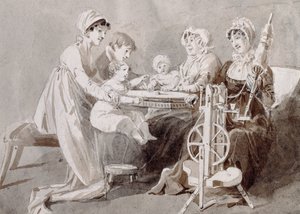 Uma mulher com sua família em uma roda de fiar (caneta e tinta lavar no papel) de John Harden