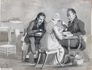 Uma noite de leitura, 17 de fevereiro de 1812 (caneta e tinta no papel) de John Harden