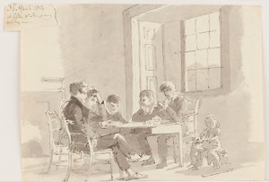 Meninos lendo em Storrs, Elterwater, 1814 (caneta e tinta com papel lavado) de John Harden