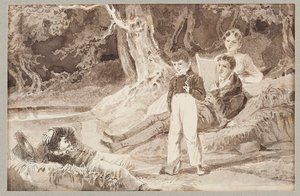 Quatro figuras entre as árvores em um dia quente, 1807 (wc no papel) de John Harden