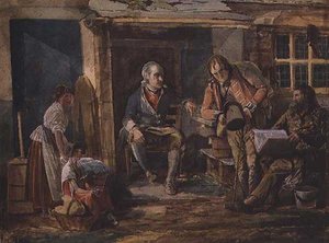 Grupo que inclui um soldado do lado de fora da porta de uma casa de campo (aguarela sobre papel) de John Harden