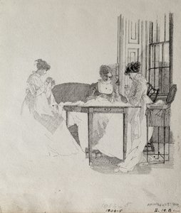 Senhoras Costura, 1805 (caneta e tinta no papel) de John Harden