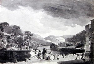 Paisagem com lago (caneta e tinta e lavagem em papel) de John Harden