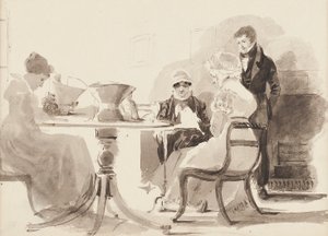 Posição homem, em, um, tabela, com, três, sentada, mulheres, (wc, ligado, paper) de John Harden