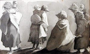 Mães carregando seus filhos (caneta e tinta lavada sobre papel) de John Harden