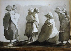 Mulheres Camponesas e Crianças (caneta e tinta lavada sobre papel) de John Harden