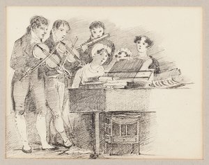 Pianista acompanhada de violinistas e flautista de John Harden