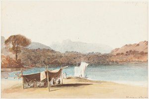 Piquenique sob abrigo pelo Lago Windermere, 1822 (wc no papel) de John Harden